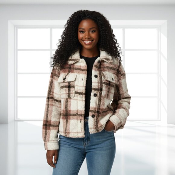 NWT Cozy Plaid Sherpa Shacket Jacket Cream Pink Brown Size Large Fall Winter - Picture 1 of 12